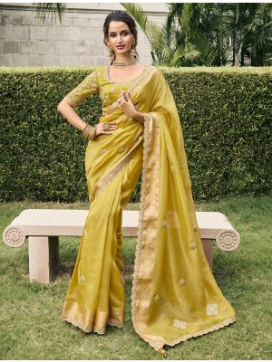 Lemon Yellow Viscose Tissue Premium Designer Saree FABSA22477