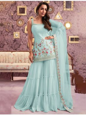 Light Blue Georgette Semi Stitched Embroidered Sharara Suit small FABSL22003