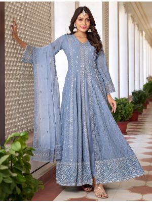 Light Blue Georgette Semi Stitched Front Slit Anarkali Suit small FABSL21699
