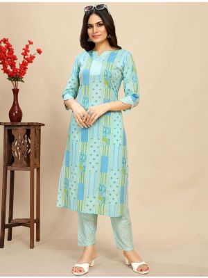light blue printed cotton kurti with matching pant fabku21003