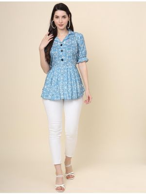 light blue pure cotton printed short kurti fabku20909