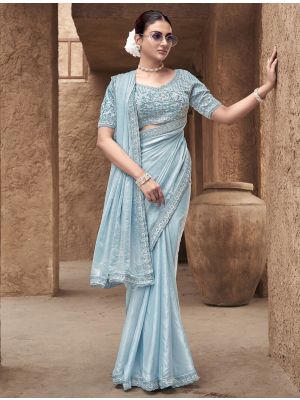 Light Blue Satin Silk Premium Saree With Stitched Blouse FABSA22550