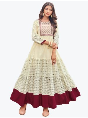 light cream cambric cotton designer long frock fabku20532