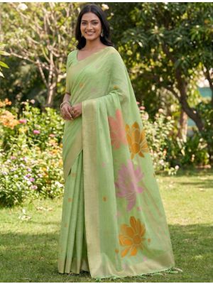 Light Green Linen Cotton Elegant Festive Saree