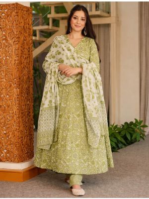 Light Leaf Green Cotton Silk Ready To Wear Salwar Kameez FABSL22485