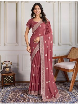 Light Maroon Star Georgette Embroidered Saree With Swarovski