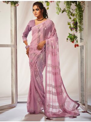 Light Mauve Georgette Party Wear Saree With Sequins FABSA22132