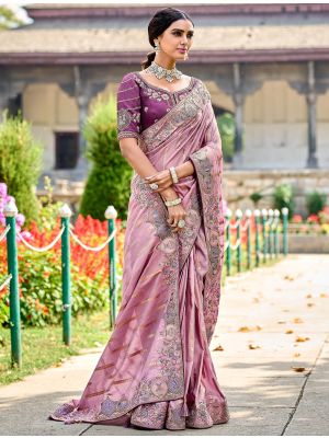 Light Mauve Premium Banarasi Silk Embroidered Saree