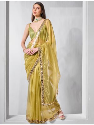 Light Mehendi Green Gold Tissue Net Fancy Party Wear Saree