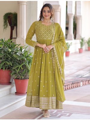 light olive faux georgette flared gown with dupatta fabgo20410