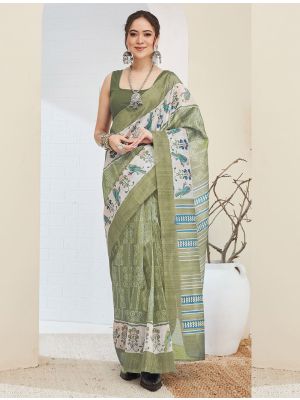 Light Olive Green Silk Blend Printed Ready To Wear Saree
