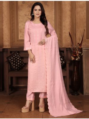 Light Peach Chanderi Cotton Readymade Salwar Kameez FABSL21969