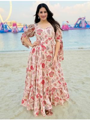 light peach rayon digital printed flared gown   fabgo20373