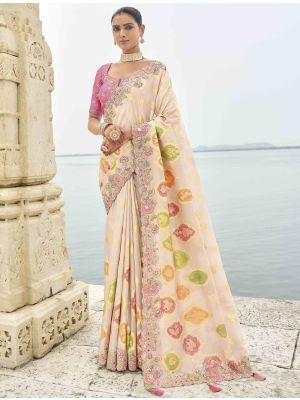 Light Peach Viscose Tissue Silk Designer Saree