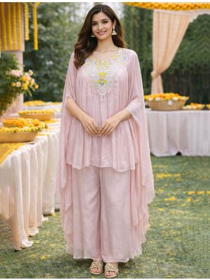 light pink viscose chinon flowy kurta palazzo set fabku21172