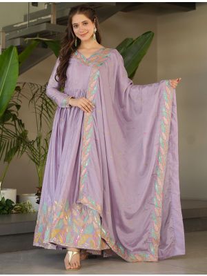 light purple chinon flared gown with dupatta fabgo20370