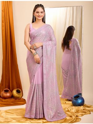 Light Purple Georgette Party Wear Saree With Sequins