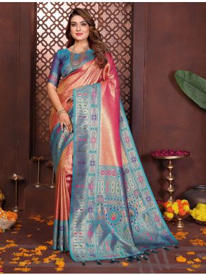 Light Red Banarasi Silk Saree With Paithani Weaving