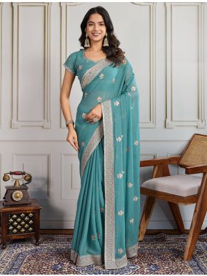 Light Sea Green Star Georgette Embroidered Saree With Swarovski
