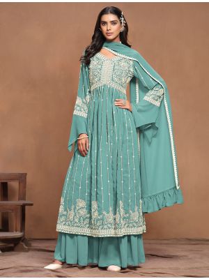Light Teal Georgette Semi Stitched Palazzo Suit small FABSL21924