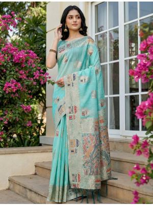 Light Turquoise Linen Cotton Elegant Festive Saree