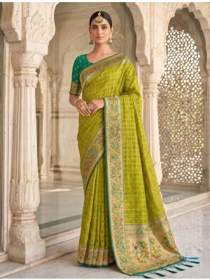 Lime Green Banarasi Art Silk Saree With Golden Zari Work