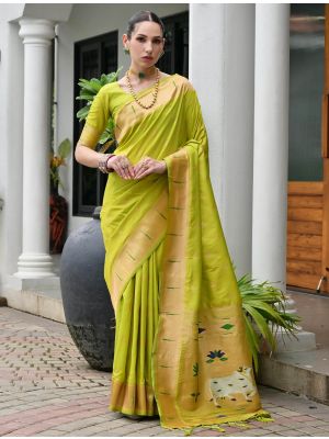 Lime Green Banarasi Silk Saree With Paithani Weaving