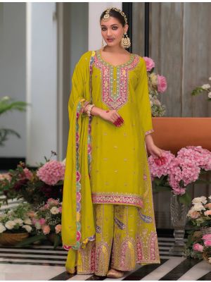 Lime Green Chinon Ready To Wear Palazzo Suit In XL small FABSL22124