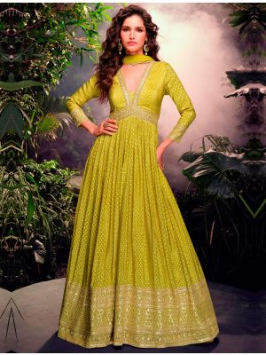 Lime Green Jacquard Silk Ready To Wear Anarkali Suit In XL small FABSL22193