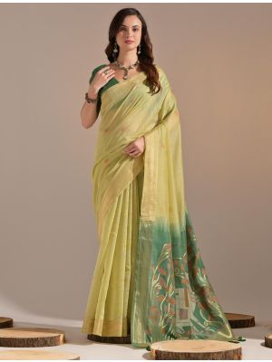 Lime Yellow Muga Cotton Traditional Pattern Saree