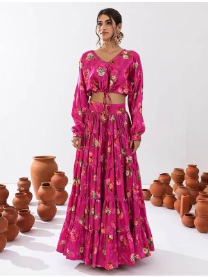 magenta airtex chinon stylish crop top with maxi skirt fabku21027