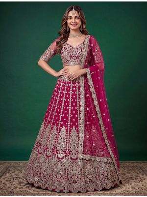 Magenta Pink Net Zari Embroidered Wedding Lehenga small FABLE20603