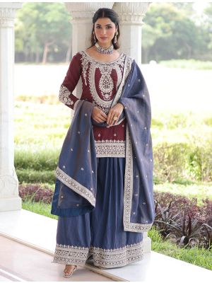 Maroon Art Silk Embroidered Ready To Wear Palazzo Suit FABSL22373