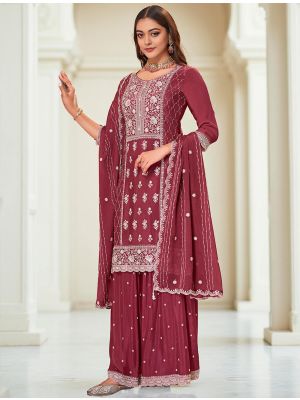 Maroon Chinon Embroidered Ready To Wear Palazzo Suit FABSL22252