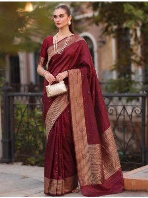 Maroon Cotton Blend Saree With Woven Zari Work