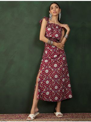 maroon crepe printed co ord set fabku20989