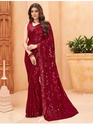 Maroon Georgette Blooming Saree With Sequins