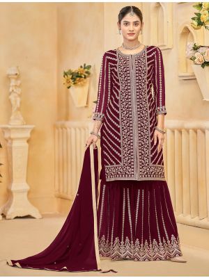 Maroon Georgette Embroidered Ready To Wear Sharara Suit FABSL22138