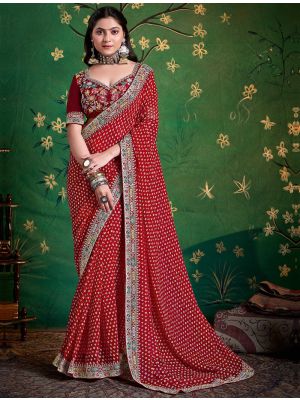 Maroon Georgette Printed Saree With Embroidery