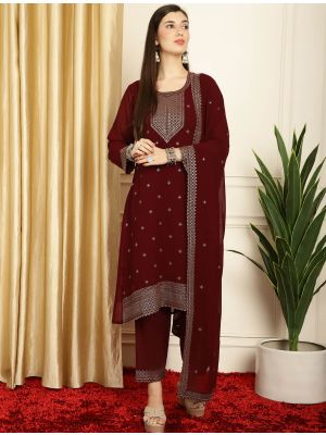 Maroon Georgette Salwar Kameez With Contrast Thread Work small FABSL21608