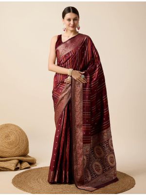 Maroon Jacquard Silk Saree With Woven Work