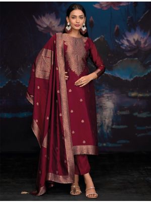 Maroon Jacquard Woven Silk Salwar Kameez small FABSL22160