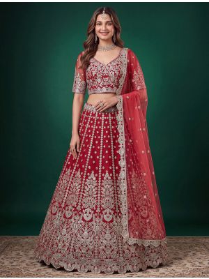 Maroon Red Net Zari Embroidered Wedding Lehenga small FABLE20607