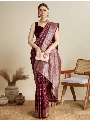 Maroon Satin Silk Saree With Woven Zari