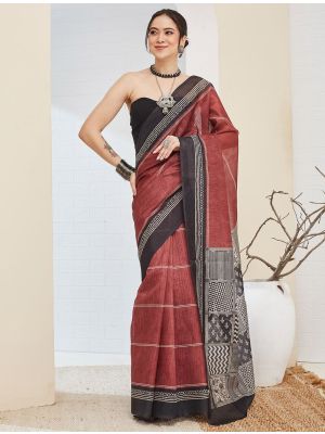Maroon Silk Blend Printed Ready To Wear Saree