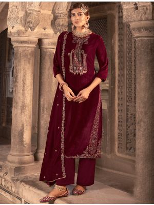 Maroon Velvet Salwar Kameez With Thread Work And Zari small FABSL21664