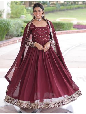 maroon vichitra silk gown with dupatta fabgo20400