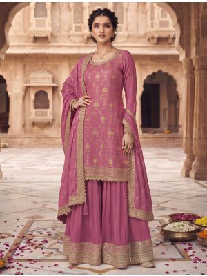 Mauve Pink Chinon Free Size Ready To Wear Palazzo Suit small FABSL22545