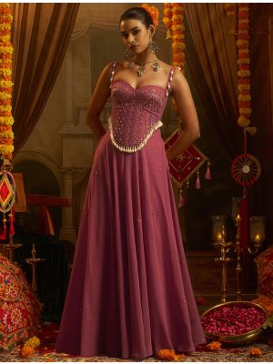 mauve pink georgette embellished crop top and palazzo set fabku21322