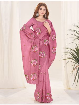 Mauve Pink Gold Crush Embroidered Saree